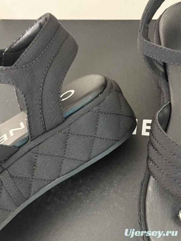 2025 Women Chanel Black Fabric Platform Sandals