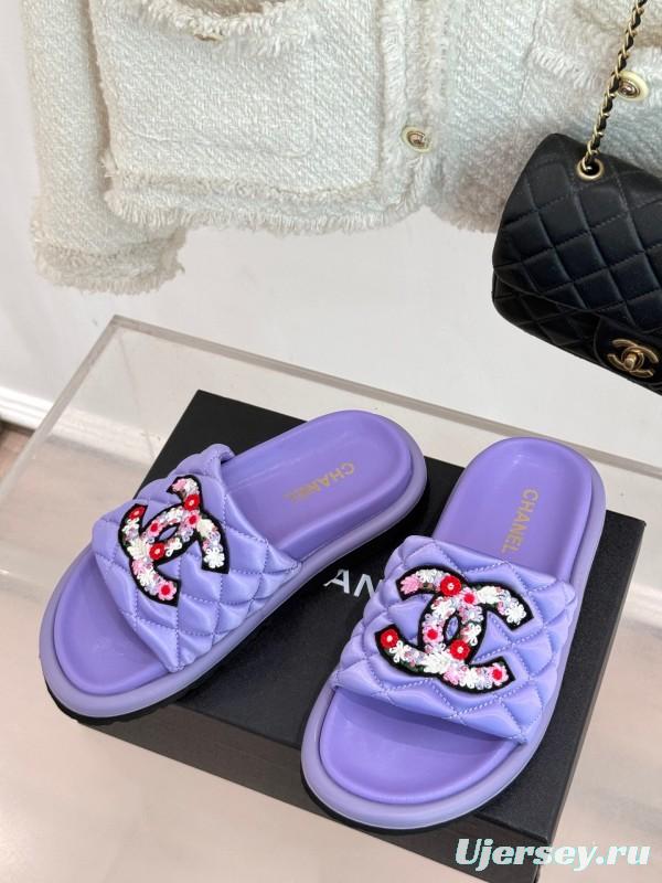 2025 Slippers Chanel Purple Quilt Embroidery