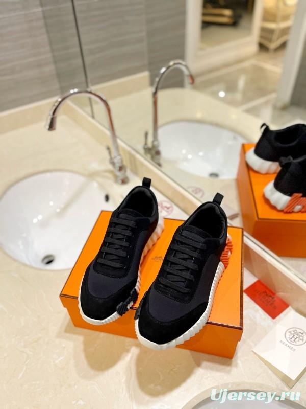 2024 Unisex Hermès Black Orange Glossy Calfskin Nylon Sneakers MJ00320