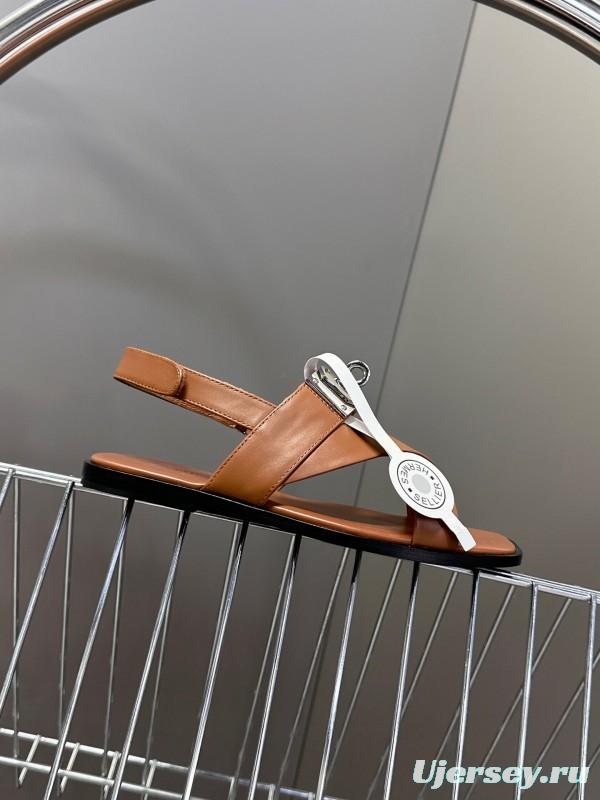 2025 Women Hermès Brown White Calfskin Leather Sandals Metal Hardware KFY00300