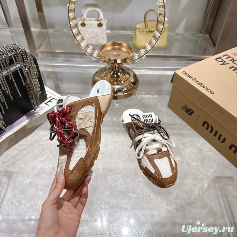 2025 Women Miumiu Brown White Leather Mesh Sneakers