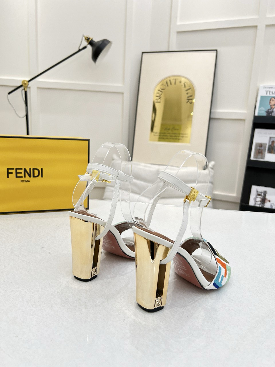 2025 Women Fendi White Blue Orange Fabric Leather High Heel Sandals MJ00280