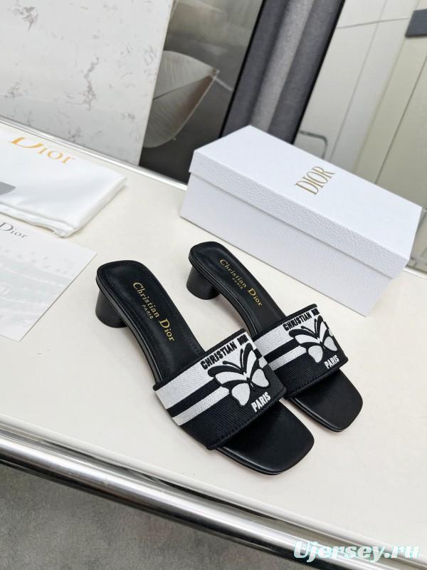 2025 Women Dior Black White Fabric Leather Mid-heel LY00200