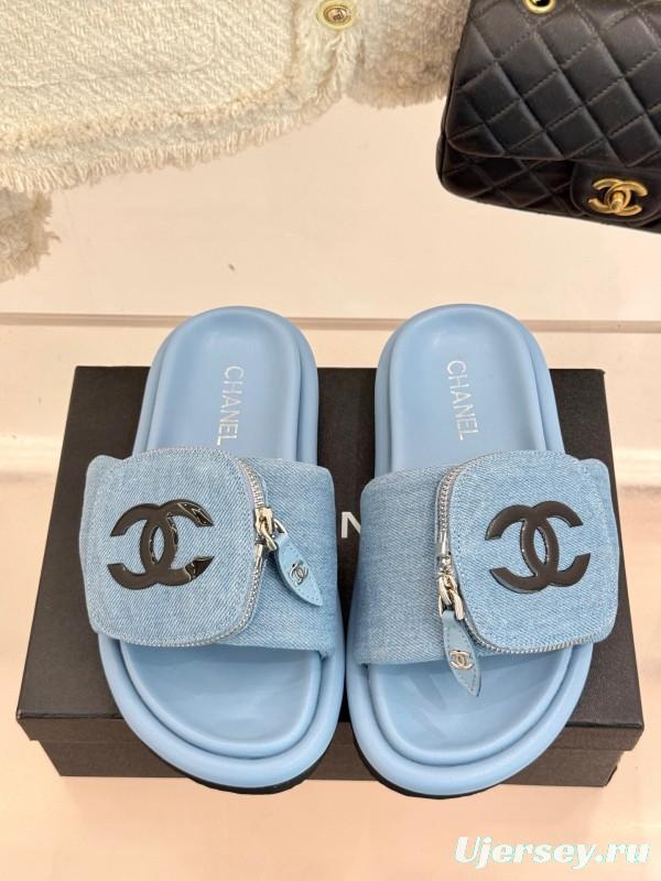 2025 Slippers Chanel Light Blue Denim Slippers KFY00220