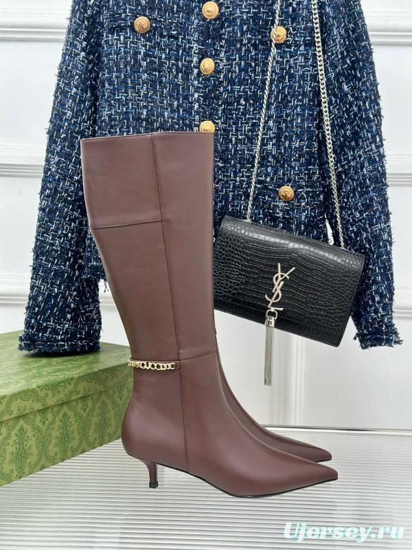 2024 Women Gucci brown calf leather boots chain MJ00550