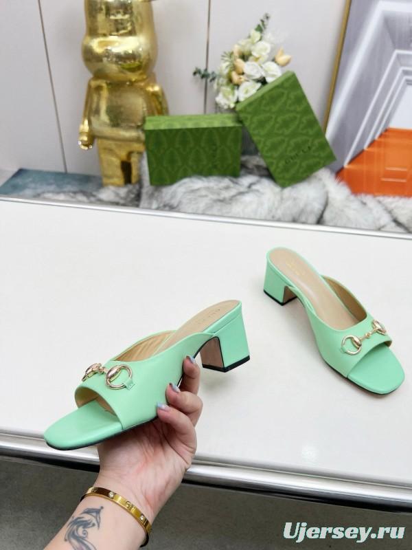 2025 Women Gucci Green Leather Heeled Slippers MJ00180
