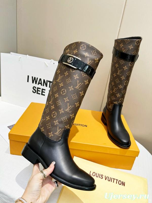 2024 Women Louis Vuitton Brown Black Leather Canvas Boots MJ00400