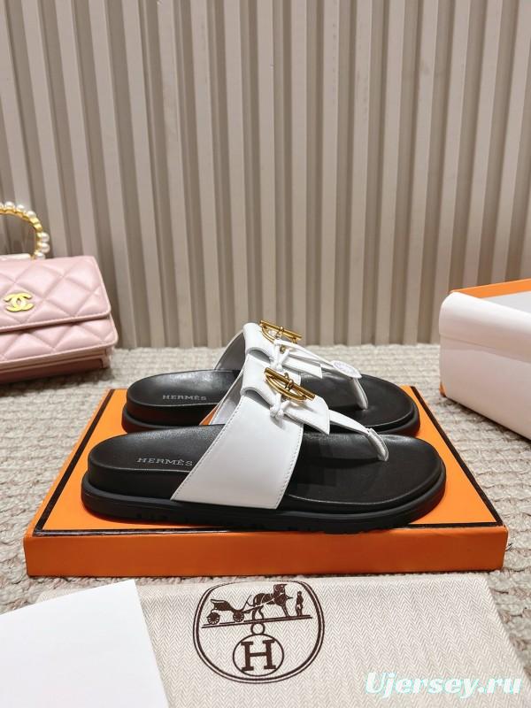 2025 Women Hermès White Leather Slippers LY00270