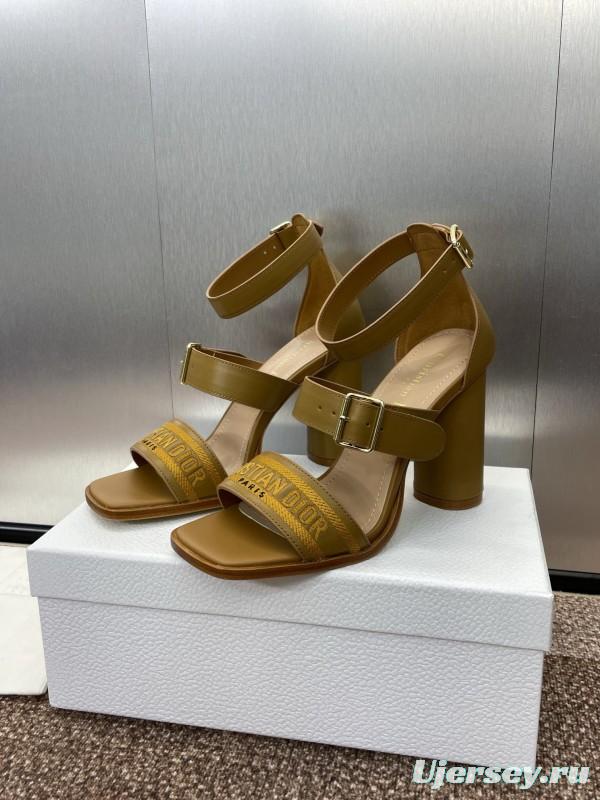 2025 Women Dior Yellow Leather Embroidered High Heel Sandals