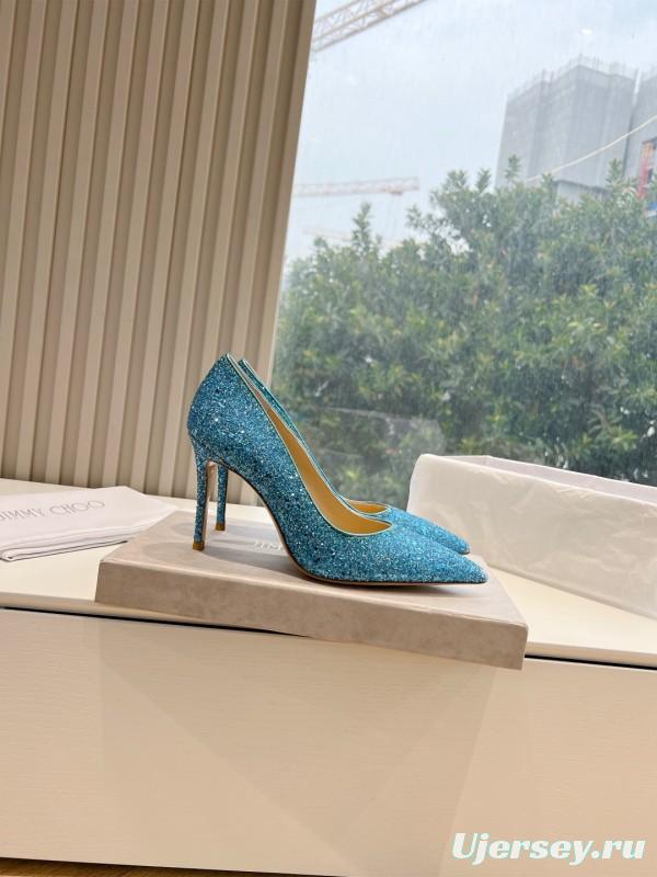 2025 Women Jimmy Choo Blue Glitter Leather Pumps
