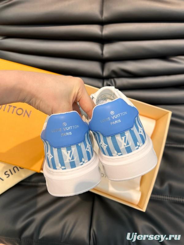 2024 Unisex Louis Vuitton White Blue Cow Leather Mesh Sneakers MJ00400