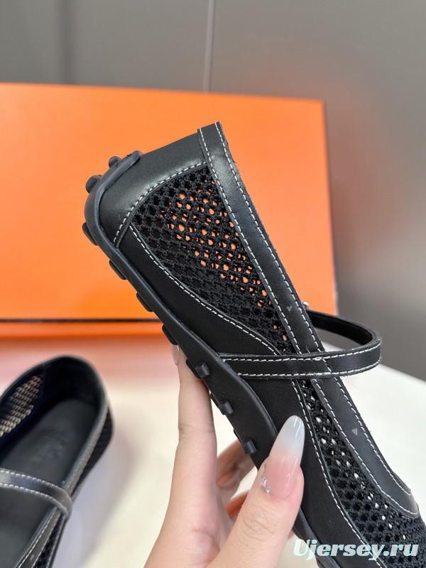 2025 Women Hermès Black Mesh Leather Mary Jane Shoes