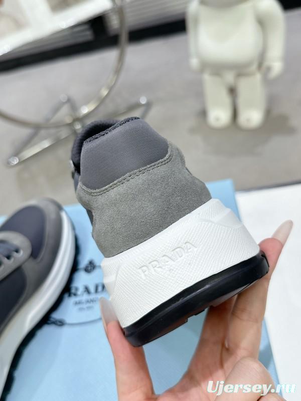 2025 Unisex Prada Grey Suede Leather Sneakers KFY00310