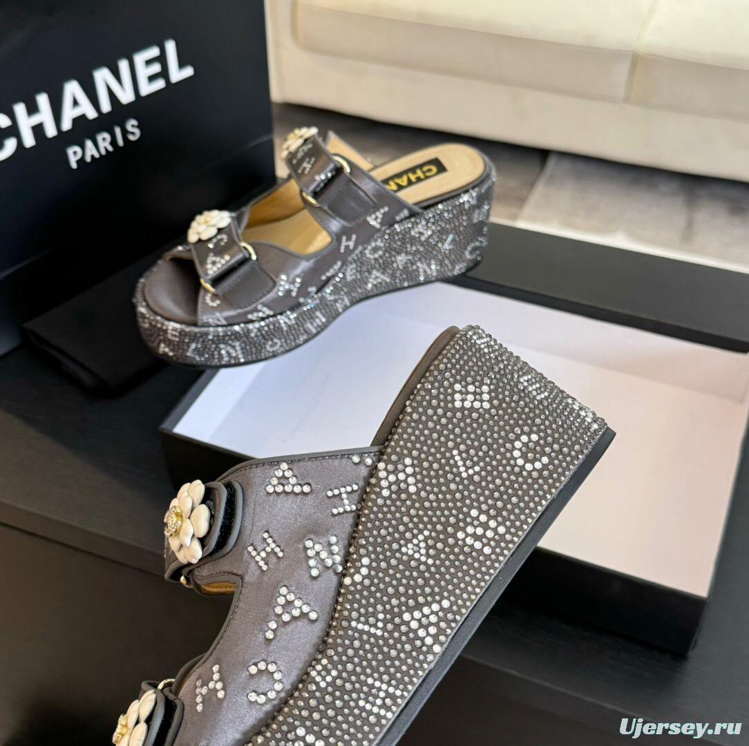 2025 CHANEL Grey Leather Platform Slippers LY00330