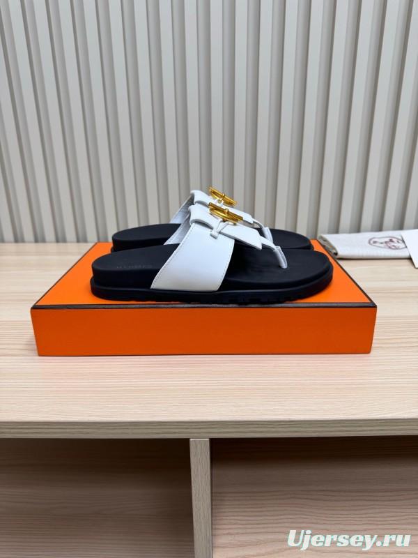 2025 Slippers Hermès White Black Leather Slippers