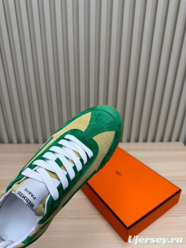 2025 Unisex Hermès Green Beige Suede Down Fabric Sneakers Top Version KFY00300