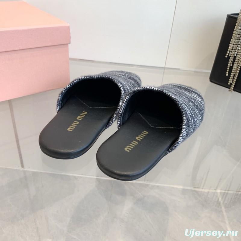 2025 Women Miu Miu Black White Knit Leather Slippers
