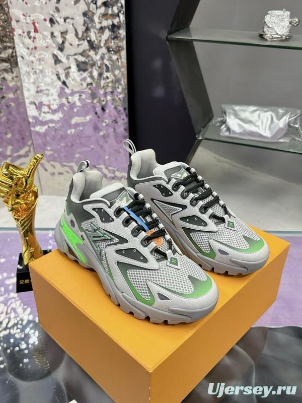 2025 Men Louis Vuitton Green Grey Mesh Leather Sneakers MJ00420