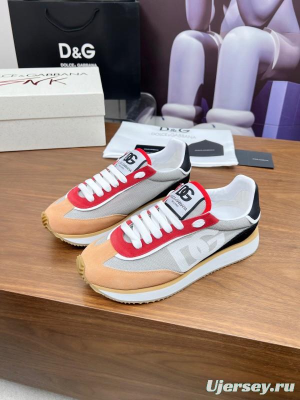 2025 Unisex Dolce & Gabbana Gray Red Beige PU Leather Mesh Sneakers LY00300