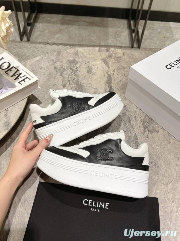 2025 Women Celine Black White Leather Platform Sneakers KFY00330