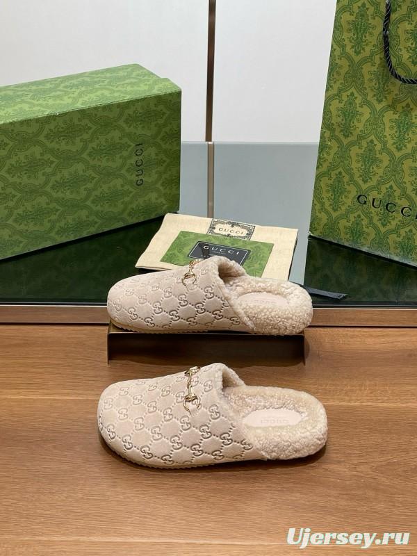 2024 Slippers Gucci Beige Shearling GG Embroidery