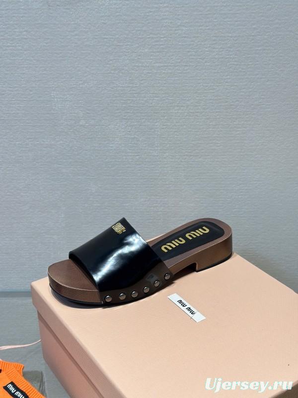 2025 Women Miu Miu Black Leather Slippers