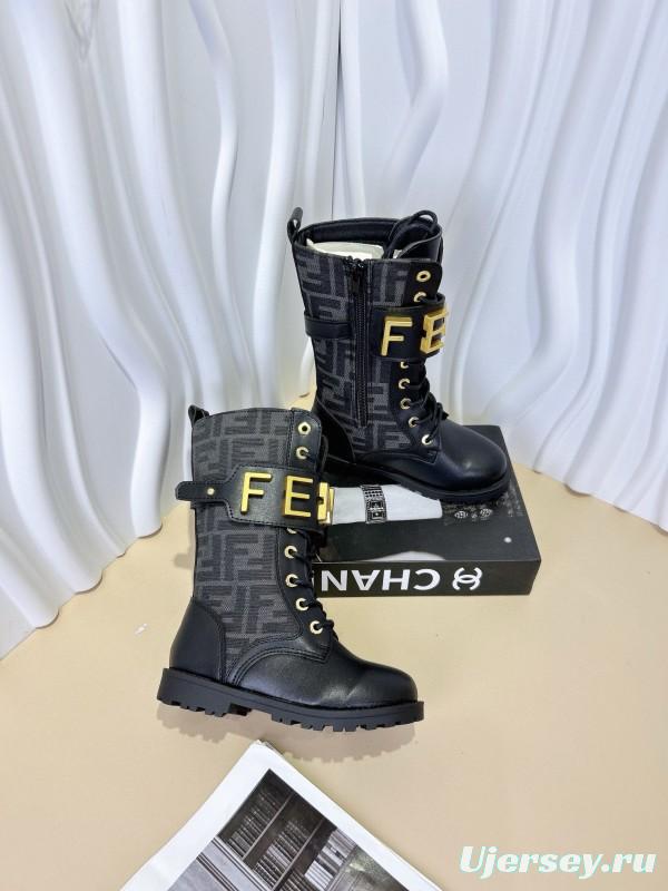 2024 Kids Fendi Black Brown Leather Fabric Boots