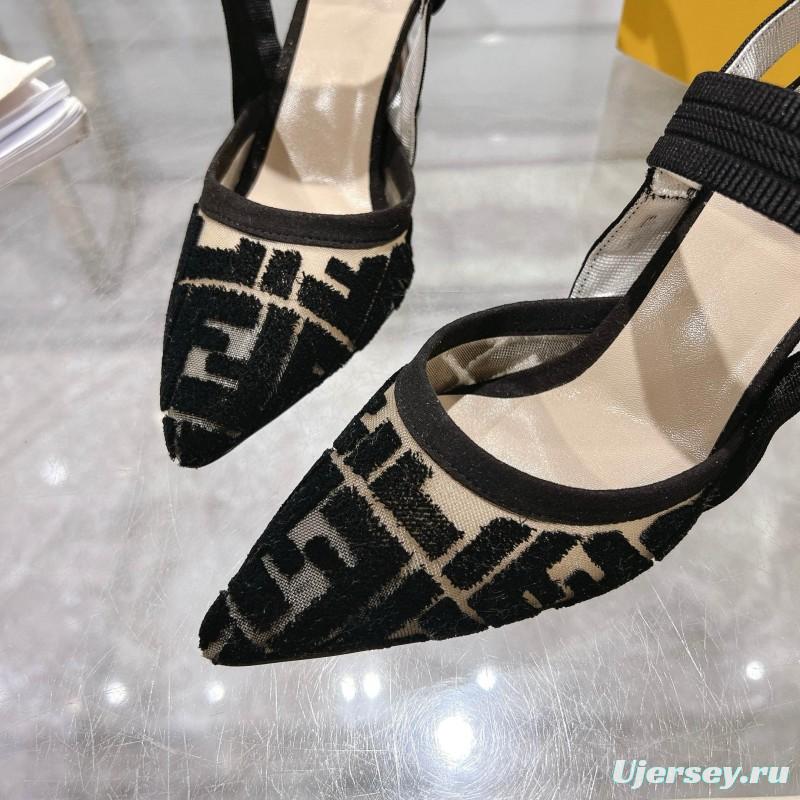 2025 Women Fendi Black Beige Fabric Leather High Heel MJ00280