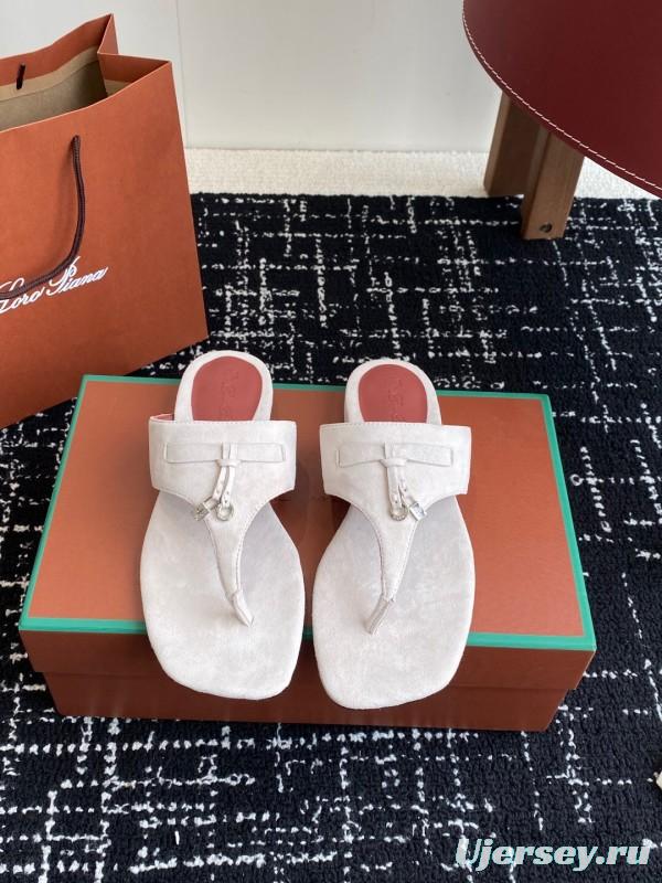 2025 Women Le Parmentier White Suede Thong Sandals KFY00280