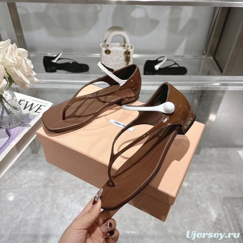 2025 Women Miu Miu Brown Leather T-Strap Flat Sandals KFY00289(F)