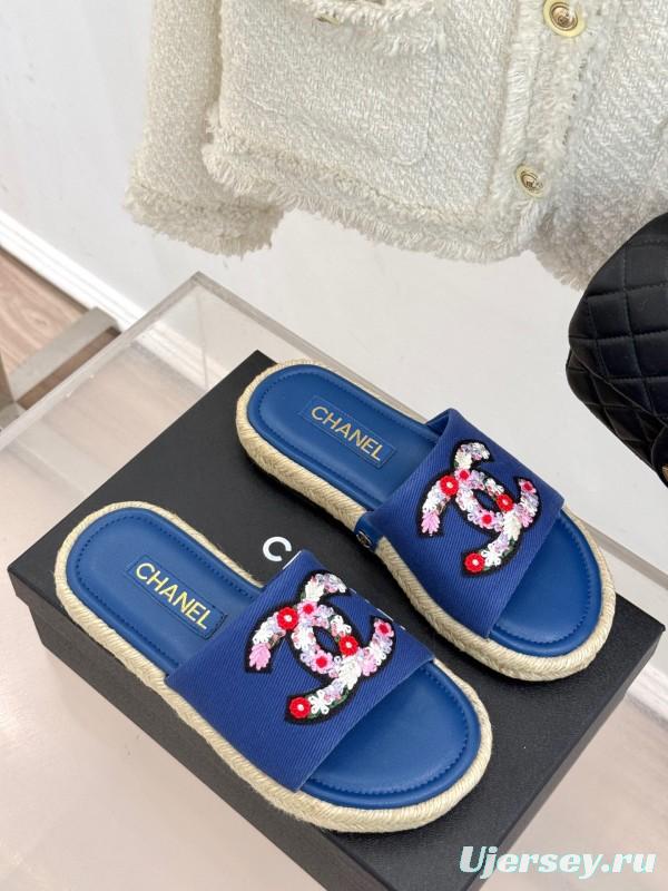 2025 CHANEL Blue Canvas Slippers Embroidered KFY00230