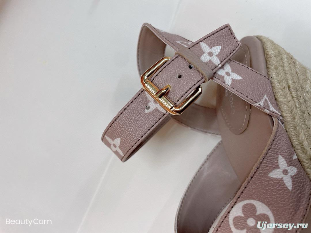 2025 Women Louis Vuitton Brown Beige Canvas Leather Wedge Sandals MJ00280