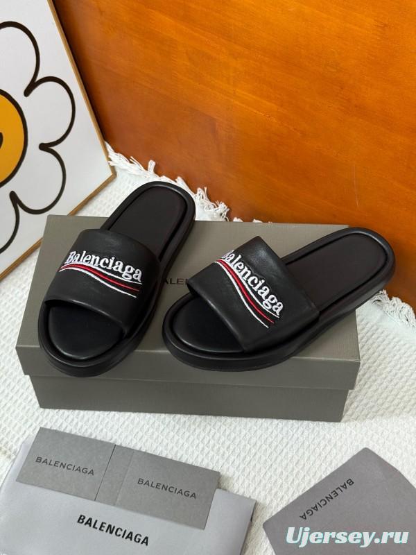 2025 Slippers Balenciaga Black Leather Slippers KFY00230