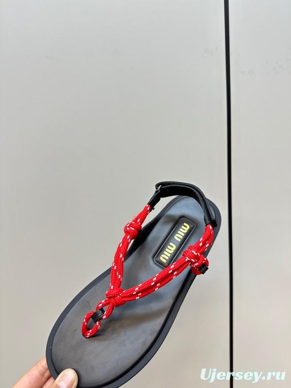 2025 Women Miu Miu Black Red Leather Sandals