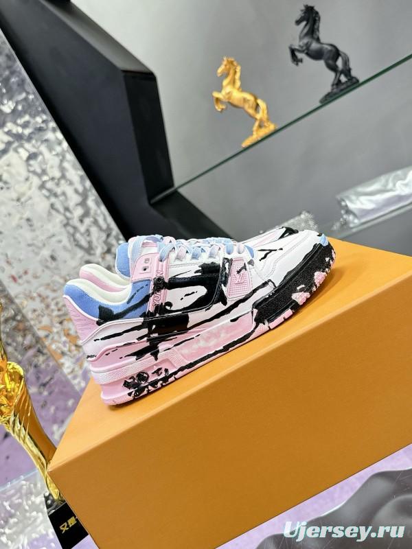 2024 Unisex Louis Vuitton Pink Blue Black Leather Denim Plimsolls Hand-Painted MJ00780