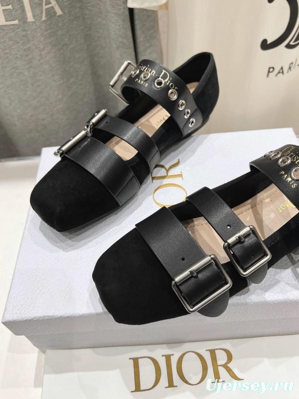 2025 Women Dior Black Leather Suede Mary Jane Buckle KFY00300