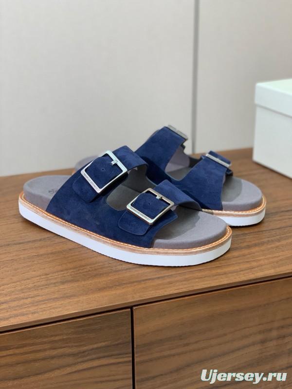 2025 Unisex Brunello Cucinelli Blue Suede Leather Slippers KFY00250
