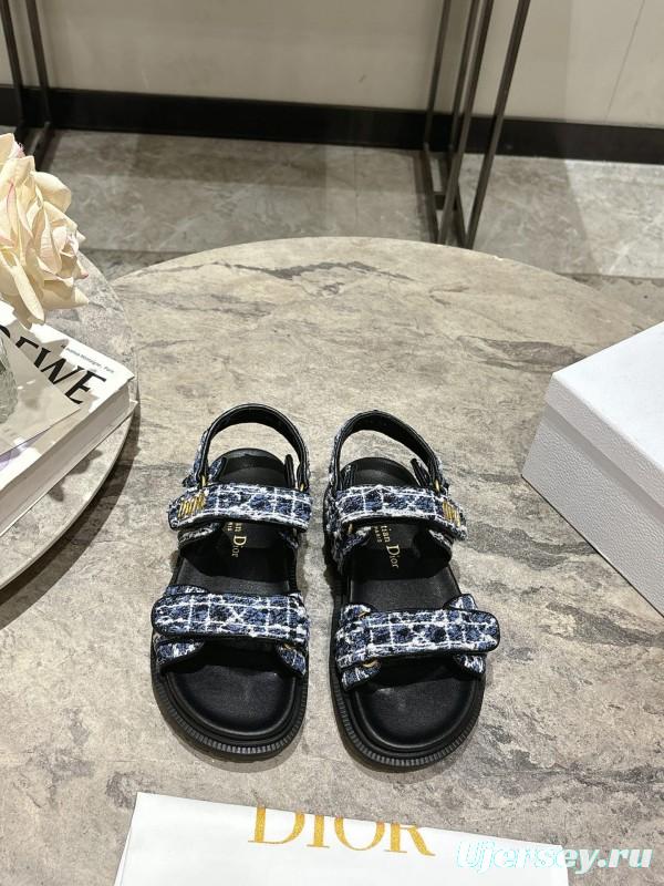 2025 Women Dior Black Blue White Fabric Leather Sandals KFY00300