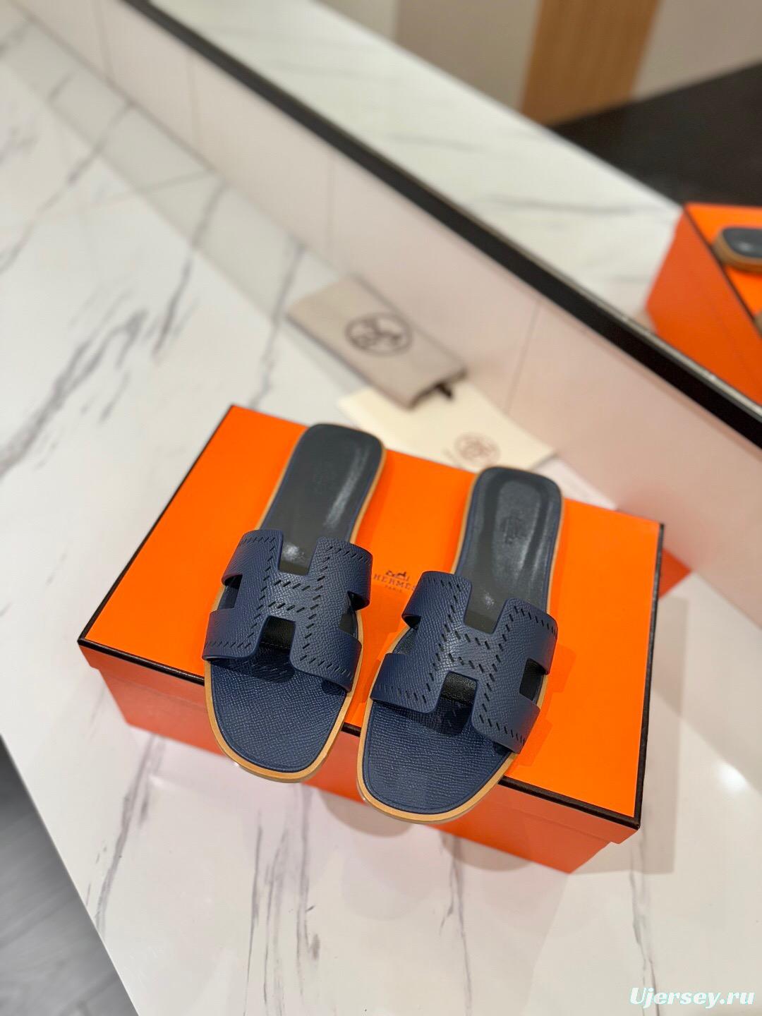 2025 Women Hermès Navy Leather Slippers