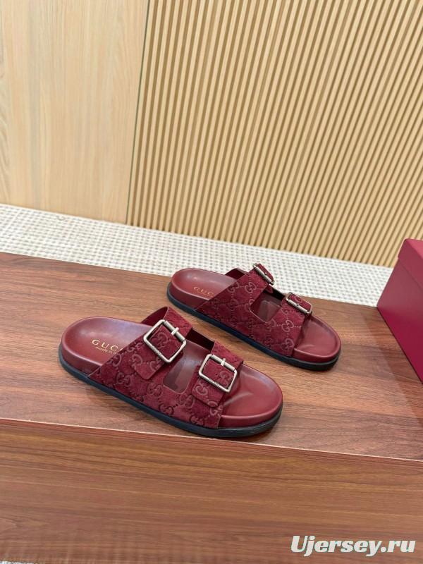 2025 Women Gucci Red Suede Leather Sandals Double Buckle LY00260