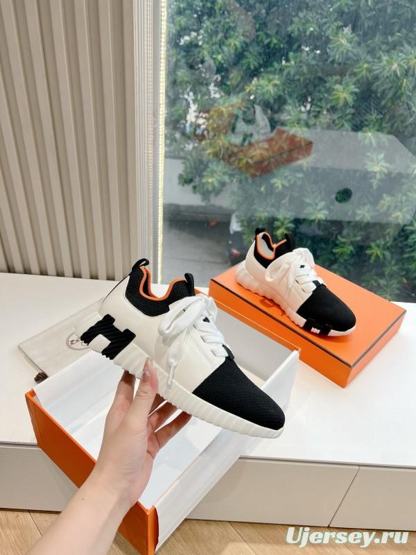 2024 Unisex Hermès Black White Orange Calf Leather Suede Knit Sneakers MJ00290