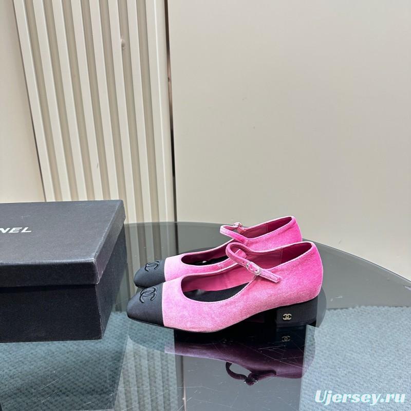 2025 Women Chanel Pink Black Velvet Mary Jane Shoes