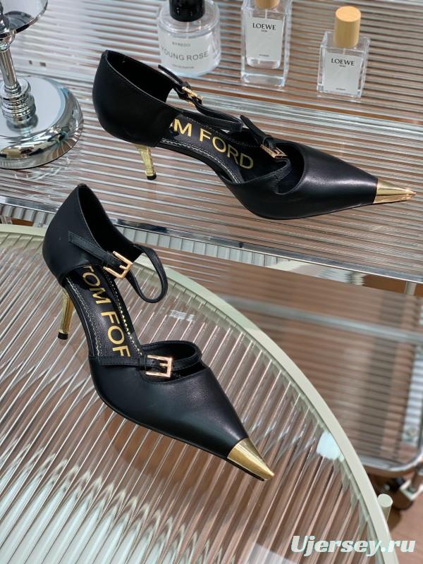 2025 Women TOM FORD Black Gold Leather Heels Metal Toe KFY00320