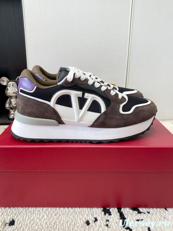 2025 Unisex Valentino Black Brown Purple Suede Leather Mesh Sneakers