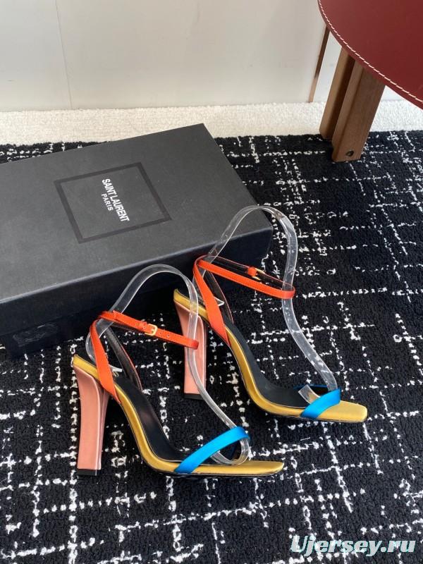2025 Women Yves Saint Laurent Orange Black Blue Leather High Heel Sandals