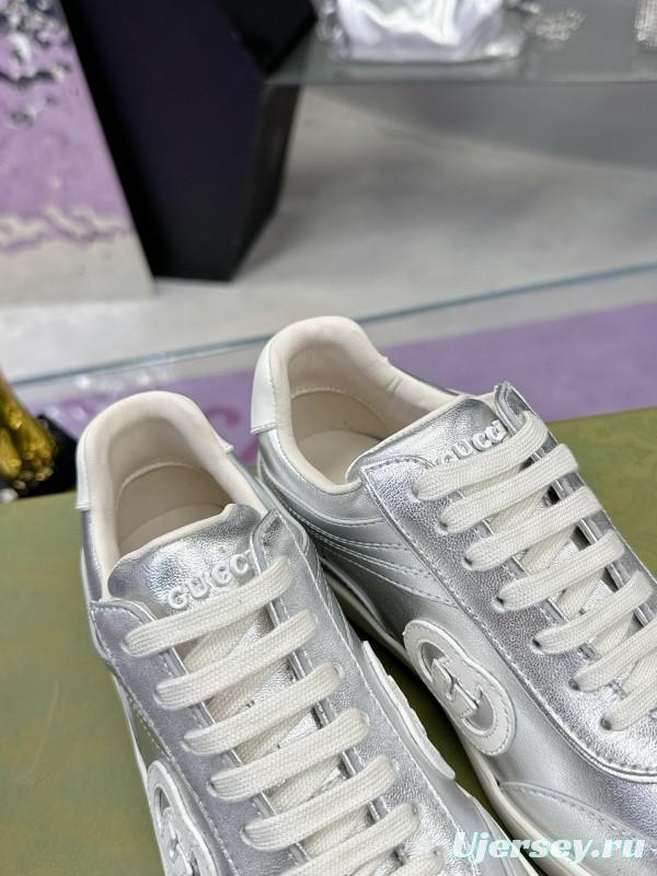 2024 Unisex Gucci Silver White Leather Suede Sneakers MJ00310