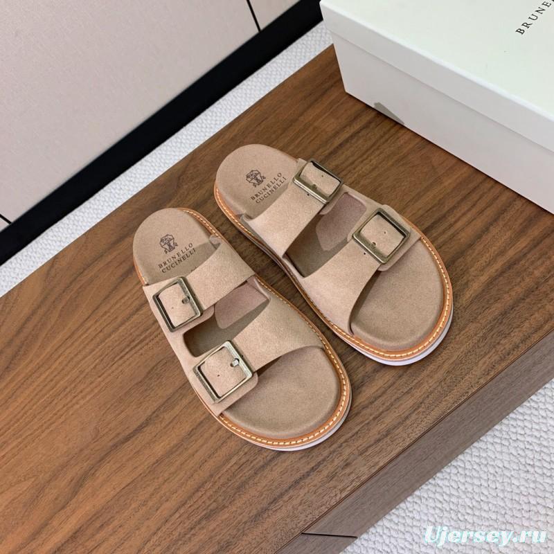 2025 Unisex Brunello Cucinelli Beige Suede Leather Slippers KFY00250