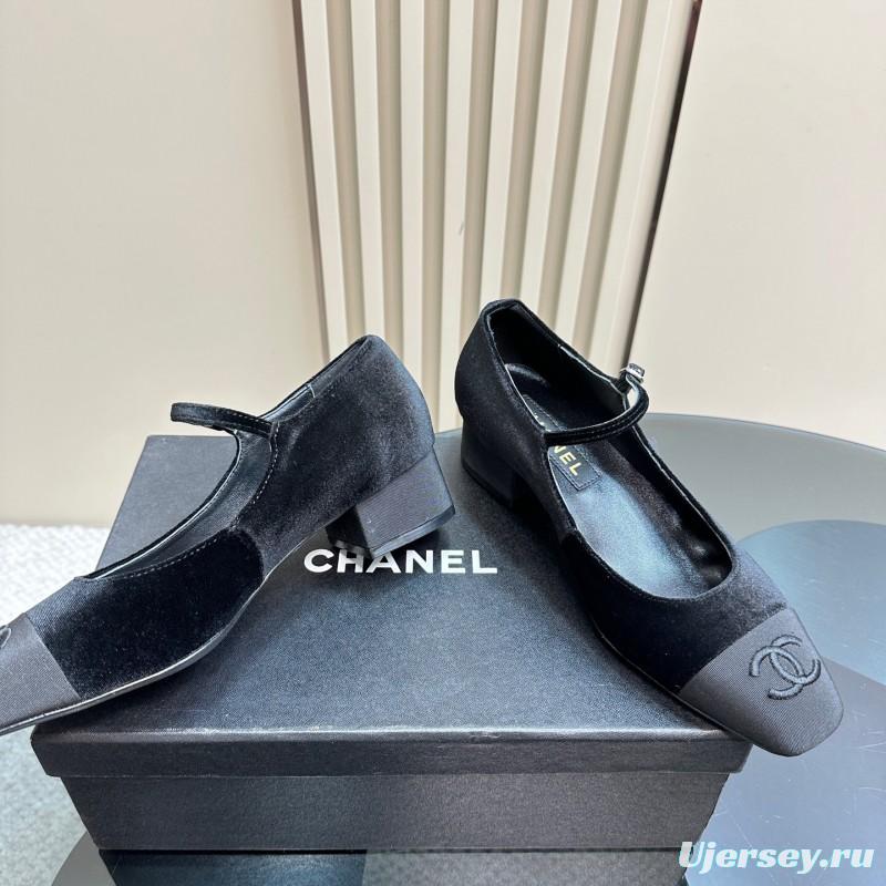 2025 Women Chanel Black Velvet Leather Mary Jane