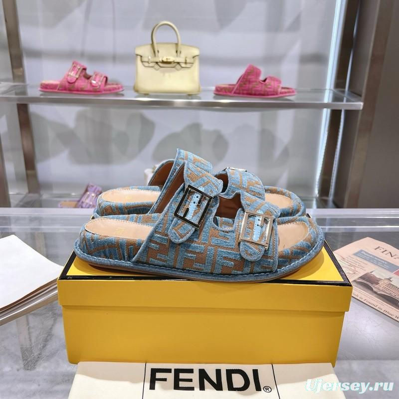 2025 Fendi Blue Beige Fabric Leather Slippers KFY00250