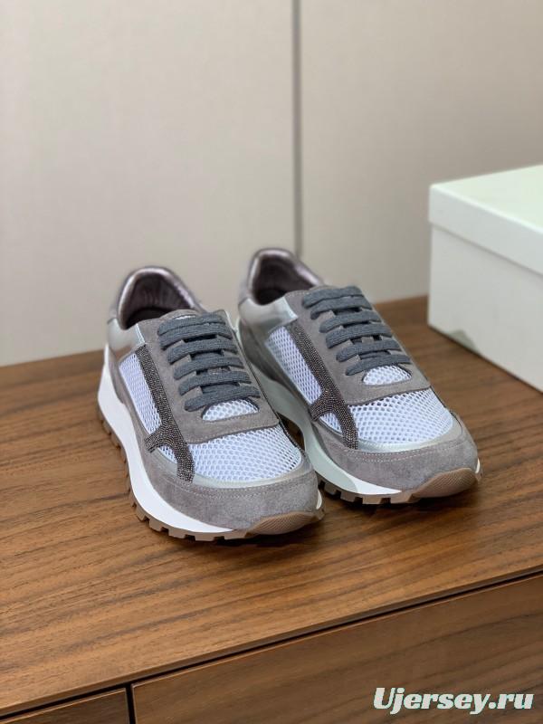 2025 Unisex Brunello Cucinelli Grey White Suede Mesh Leather Sneakers Handcrafted Beaded Chain KFY00310